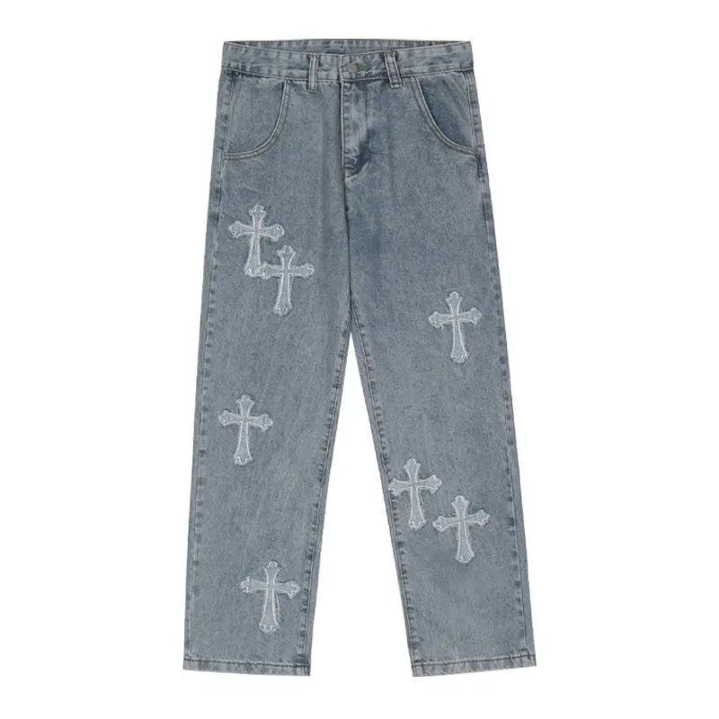 Toleet black men streetwear National Fashion High Street Cross Patch Jeans Men's Hip Hop Pu Shuai Fried Street Straight Loose Wide Leg Trousers