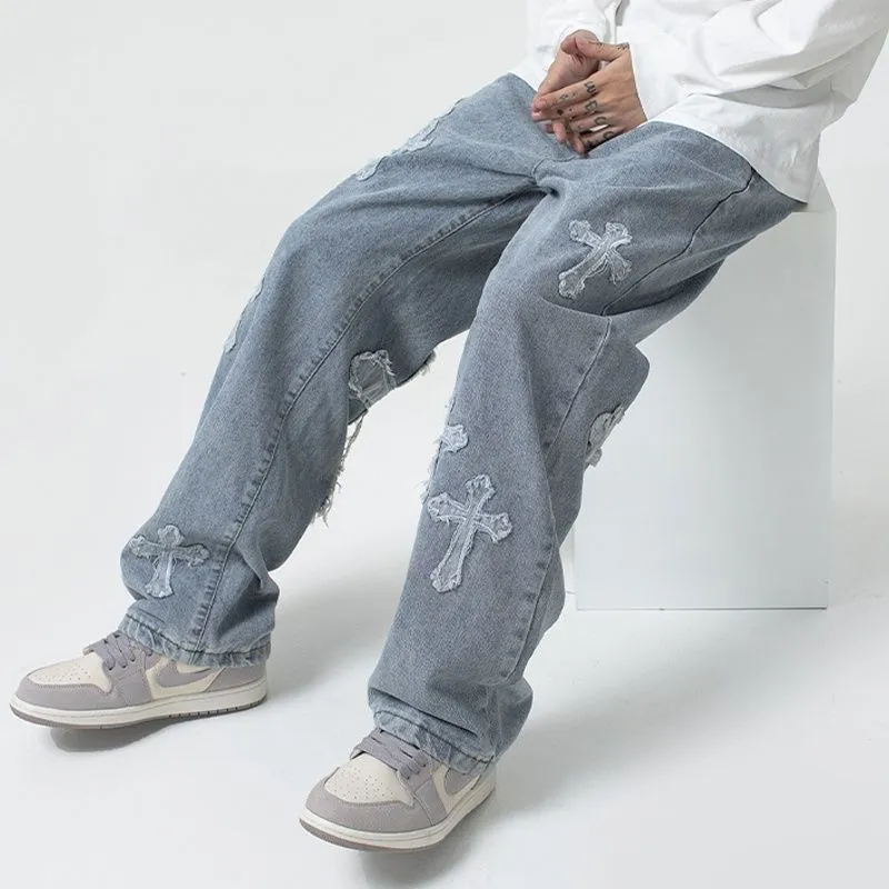 Toleet black men streetwear National Fashion High Street Cross Patch Jeans Men's Hip Hop Pu Shuai Fried Street Straight Loose Wide Leg Trousers