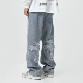 Toleet black men streetwear National Fashion High Street Cross Patch Jeans Men's Hip Hop Pu Shuai Fried Street Straight Loose Wide Leg Trousers