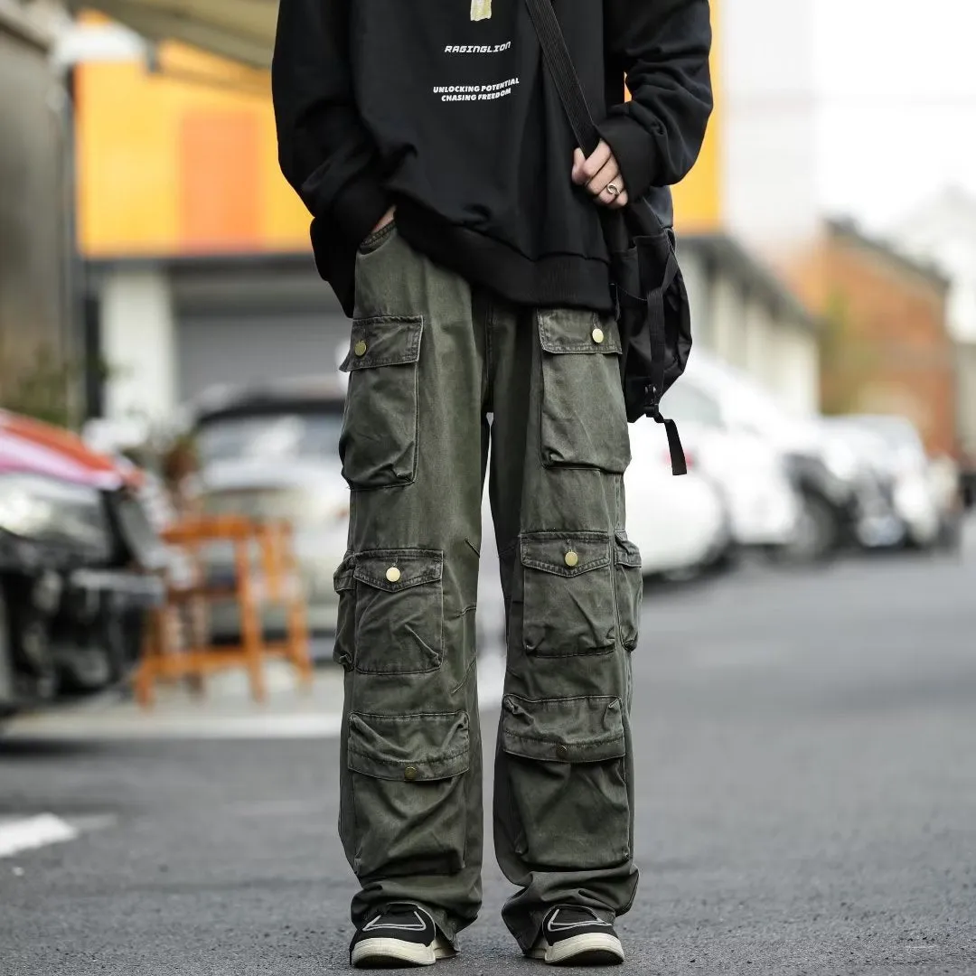 Toleet street fashion men streetwear American Retro Multi-Pocket Functional Overalls Men's Fashion Brand High Street Straight Loose Mop Wide Leg Casual Trousers
