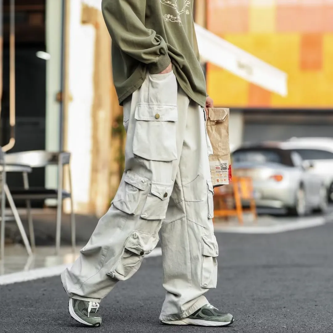 Toleet street fashion men streetwear American Retro Multi-Pocket Functional Overalls Men's Fashion Brand High Street Straight Loose Mop Wide Leg Casual Trousers