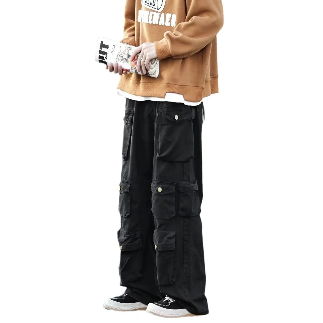 Toleet street fashion men streetwear American Retro Multi-Pocket Functional Overalls Men's Fashion Brand High Street Straight Loose Mop Wide Leg Casual Trousers