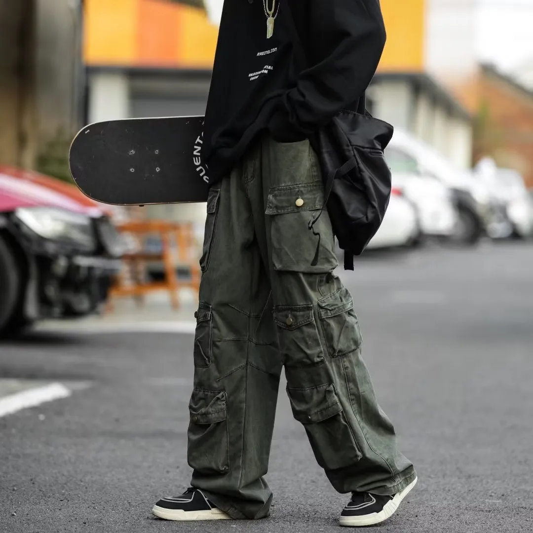 Toleet street fashion men streetwear American Retro Multi-Pocket Functional Overalls Men's Fashion Brand High Street Straight Loose Mop Wide Leg Casual Trousers