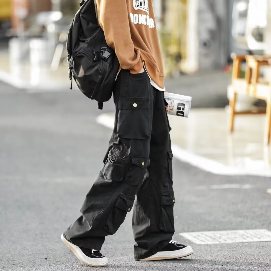 Toleet street fashion men streetwear American Retro Multi-Pocket Functional Overalls Men's Fashion Brand High Street Straight Loose Mop Wide Leg Casual Trousers