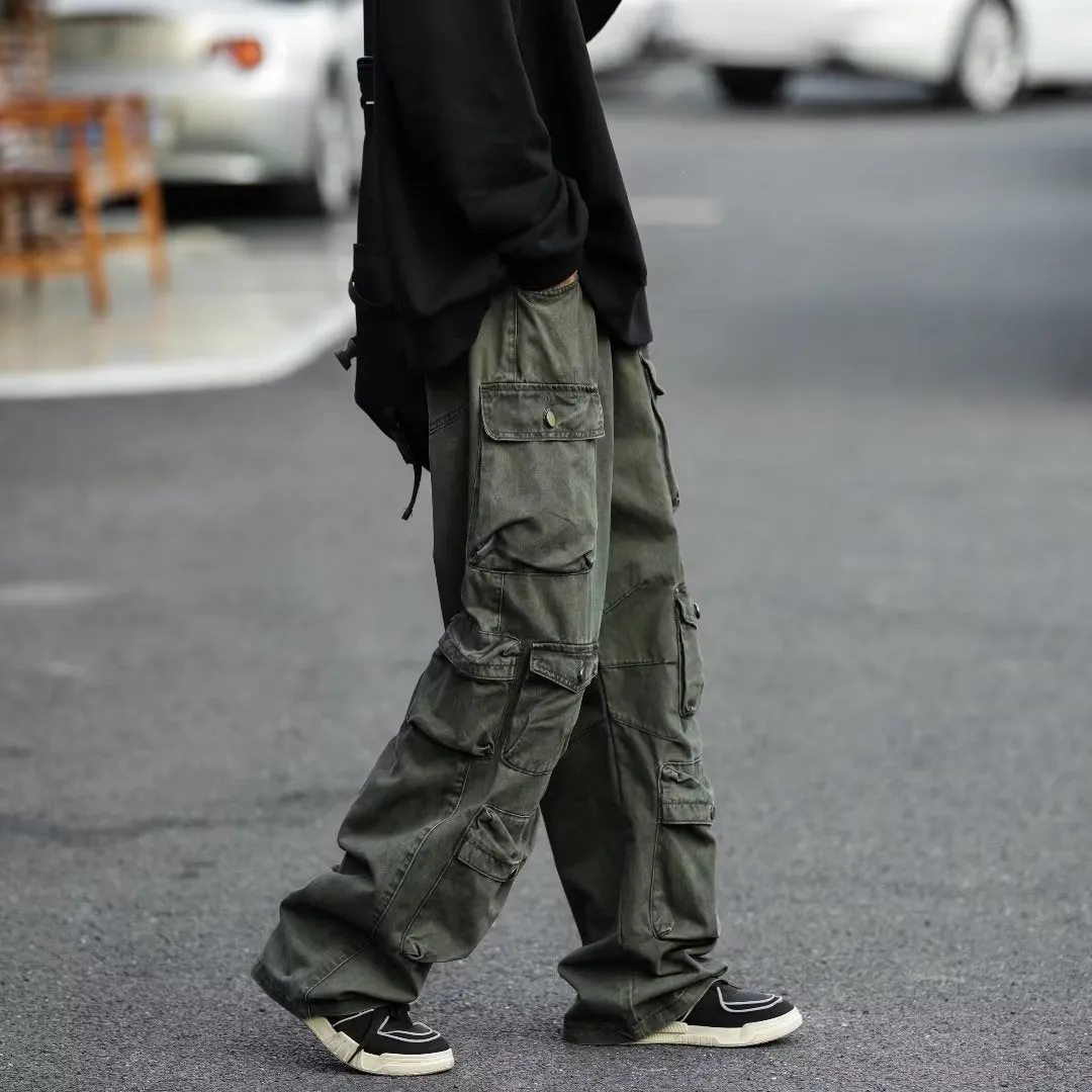 Toleet street fashion men streetwear American Retro Multi-Pocket Functional Overalls Men's Fashion Brand High Street Straight Loose Mop Wide Leg Casual Trousers
