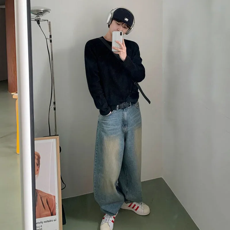 Toleet street fashion men streetwear Jeans Men's Autumn Loose Wide Leg Long Pants Korean Style Trendy Straight Mop Pants