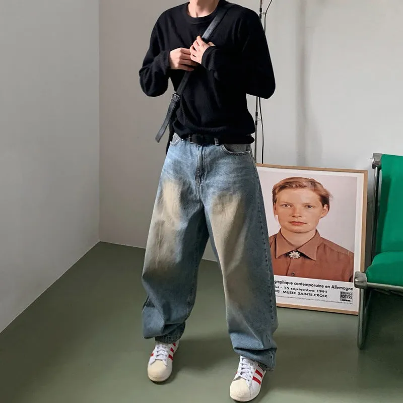 Toleet street fashion men streetwear Jeans Men's Autumn Loose Wide Leg Long Pants Korean Style Trendy Straight Mop Pants