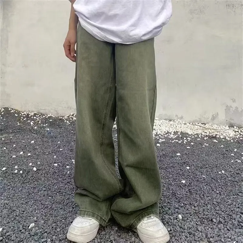 Toleet streetwear men outfits High Street Washed Distressed Green Jeans Men's Spring and Autumn Street Hip Hop Loose Wide-Leg Pants Fashion