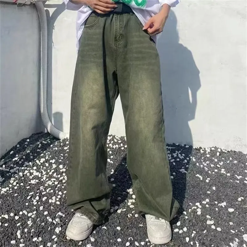Toleet streetwear men outfits High Street Washed Distressed Green Jeans Men's Spring and Autumn Street Hip Hop Loose Wide-Leg Pants Fashion