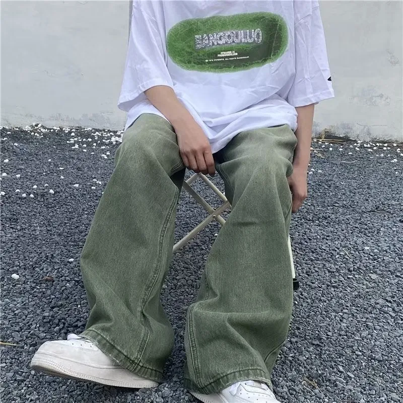 Toleet streetwear men outfits High Street Washed Distressed Green Jeans Men's Spring and Autumn Street Hip Hop Loose Wide-Leg Pants Fashion