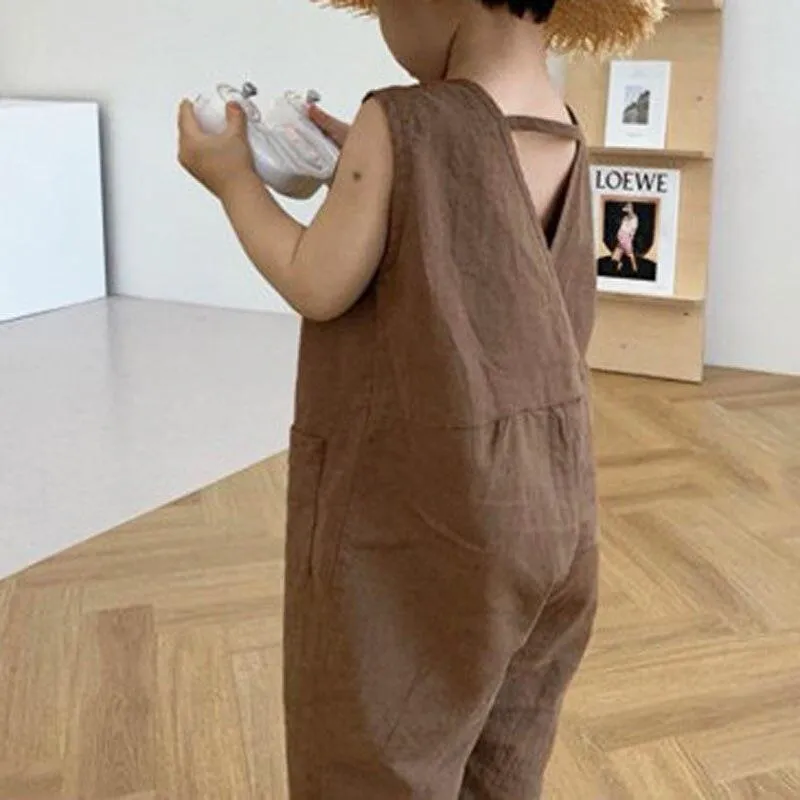 V-back Sleeveless Button Jumpsuit