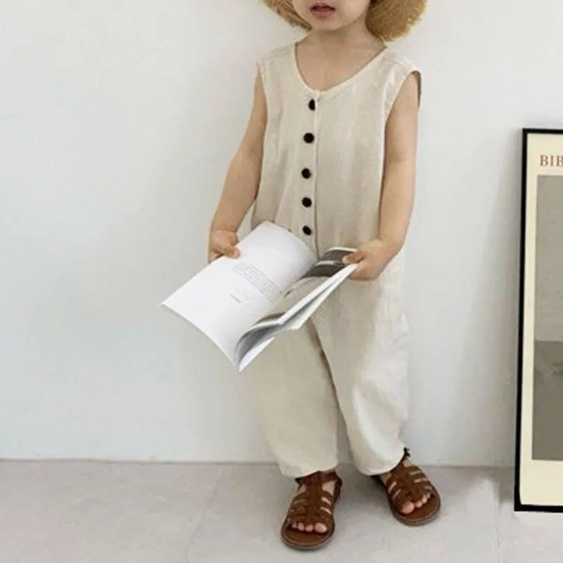 V-back Sleeveless Button Jumpsuit