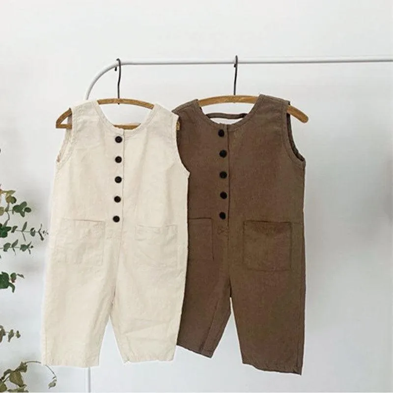 V-back Sleeveless Button Jumpsuit
