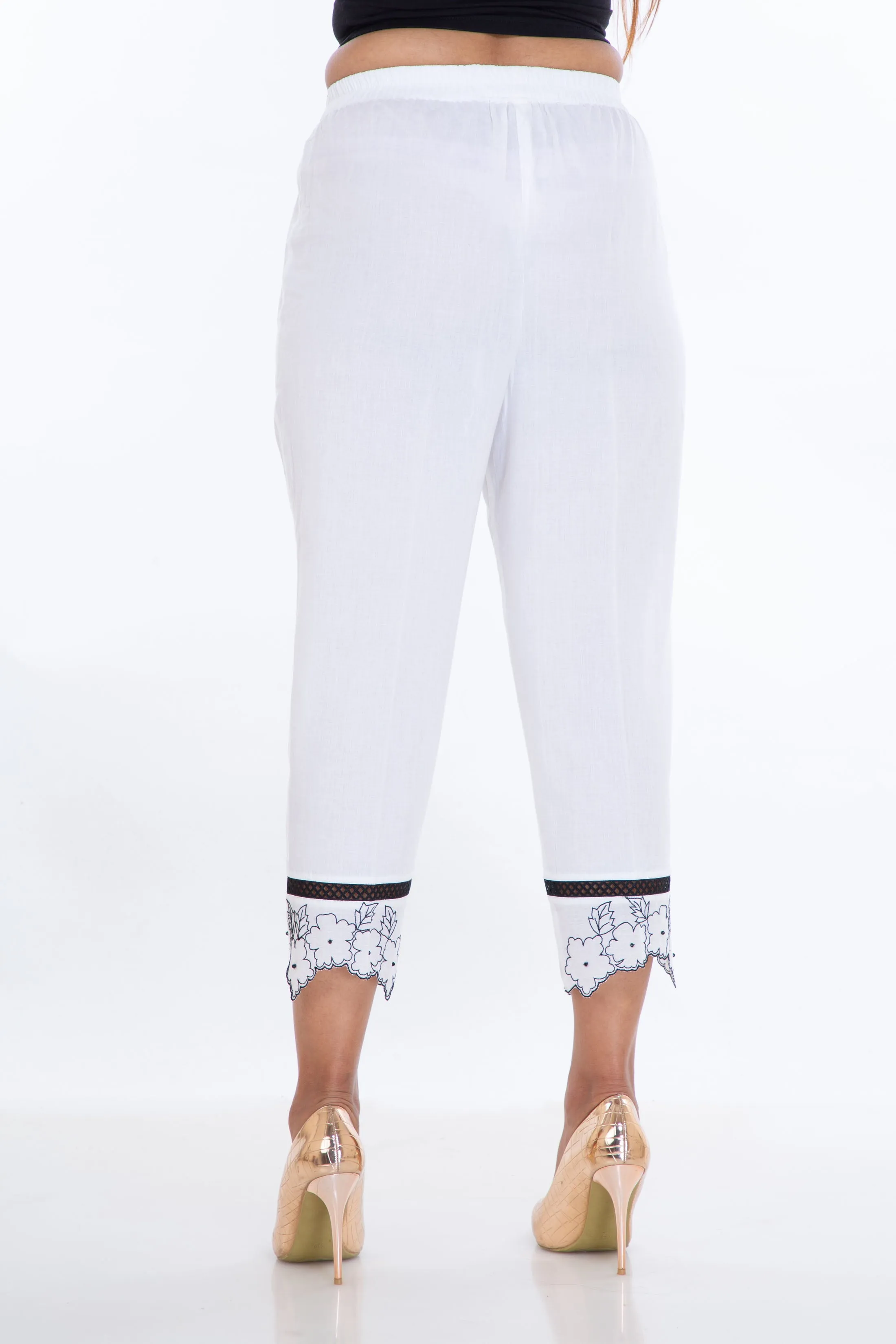 White Floral Embroidered Pants