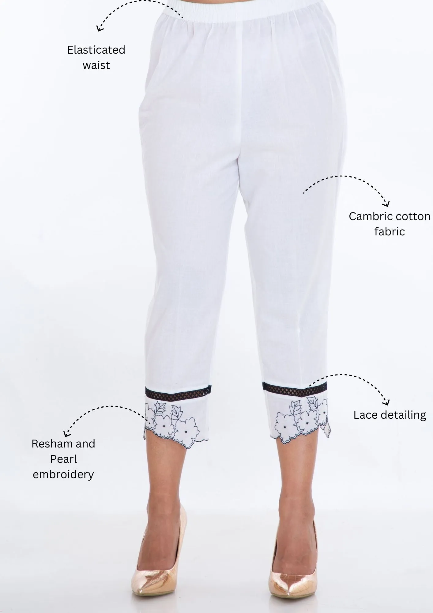 White Floral Embroidered Pants