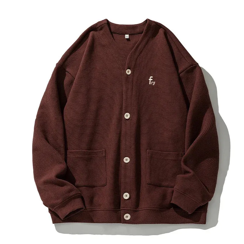 Wiaofellas  -  Autumn Winter Waffle Cardigan Mens Sweatshirt Male Long Sleeves Embroidery Apricot Coats Streetwear Men Clothes
