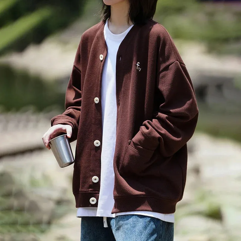 Wiaofellas  -  Autumn Winter Waffle Cardigan Mens Sweatshirt Male Long Sleeves Embroidery Apricot Coats Streetwear Men Clothes