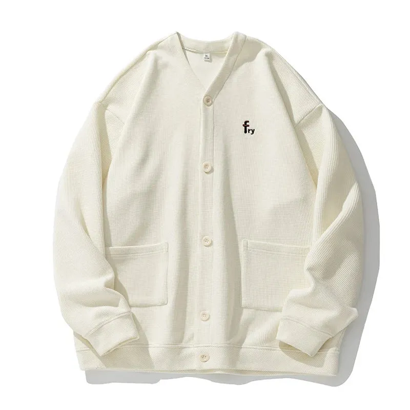Wiaofellas  -  Autumn Winter Waffle Cardigan Mens Sweatshirt Male Long Sleeves Embroidery Apricot Coats Streetwear Men Clothes