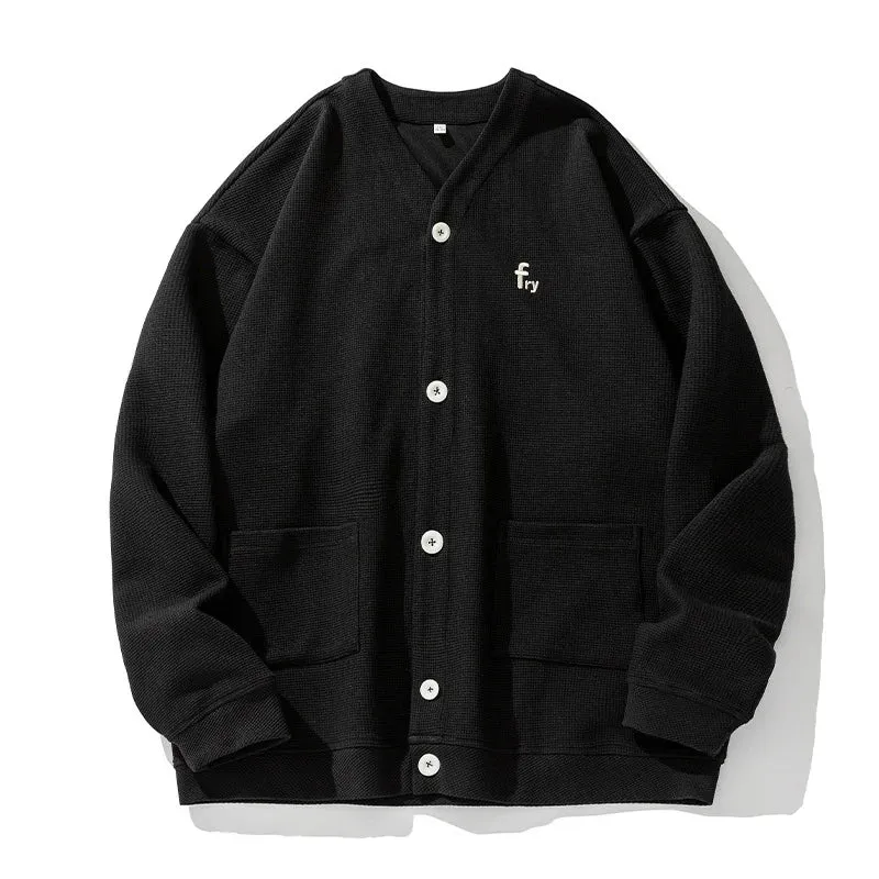 Wiaofellas  -  Autumn Winter Waffle Cardigan Mens Sweatshirt Male Long Sleeves Embroidery Apricot Coats Streetwear Men Clothes