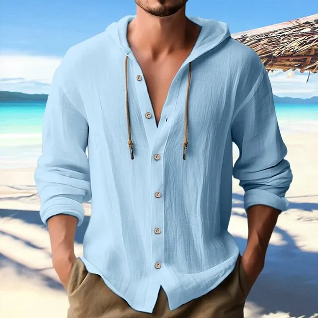 Wiaofellas Cool Spring Summer Buttoned Drawstring Cardigan Top Streetwear Long Sleeve Hooded Sweatshirts Solid Cotton Linen Shirts