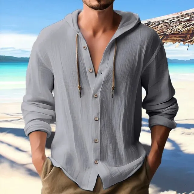 Wiaofellas Cool Spring Summer Buttoned Drawstring Cardigan Top Streetwear Long Sleeve Hooded Sweatshirts Solid Cotton Linen Shirts