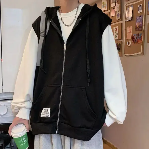 Wiaofellas Hooded Waistcoat Men Tactical Vest Sleeveless Jacket Cardigan Hoodies Sweatshirts Korean Fashion Streetwear Hip Hop Tops Loose
