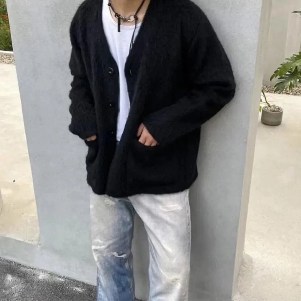 Wiaofellas Mohair Knitting V-neck Solid Color Pocket Cardigan Sweater for Men and Women Streetwear Ropa Hombre Baggy Y2k Coat Oversized
