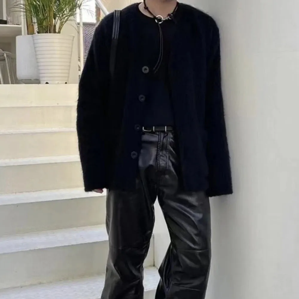 Wiaofellas Mohair Knitting V-neck Solid Color Pocket Cardigan Sweater for Men and Women Streetwear Ropa Hombre Baggy Y2k Coat Oversized