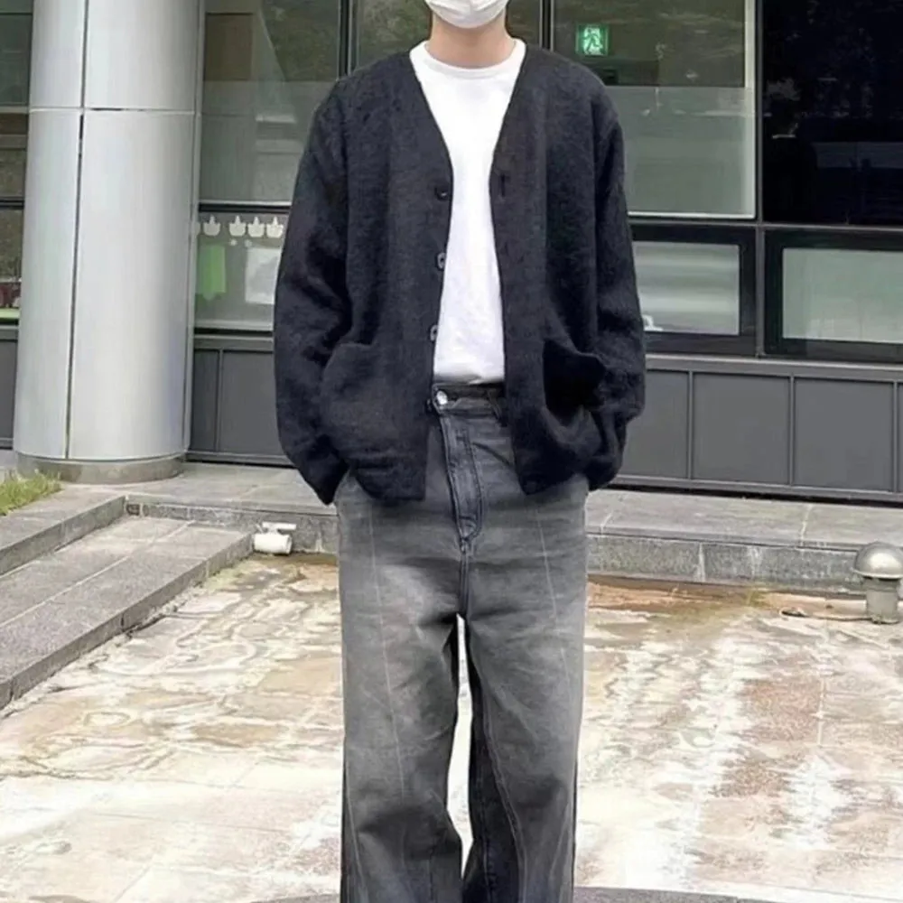 Wiaofellas Mohair Knitting V-neck Solid Color Pocket Cardigan Sweater for Men and Women Streetwear Ropa Hombre Baggy Y2k Coat Oversized