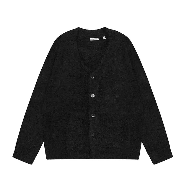 Wiaofellas Mohair Knitting V-neck Solid Color Pocket Cardigan Sweater for Men and Women Streetwear Ropa Hombre Baggy Y2k Coat Oversized