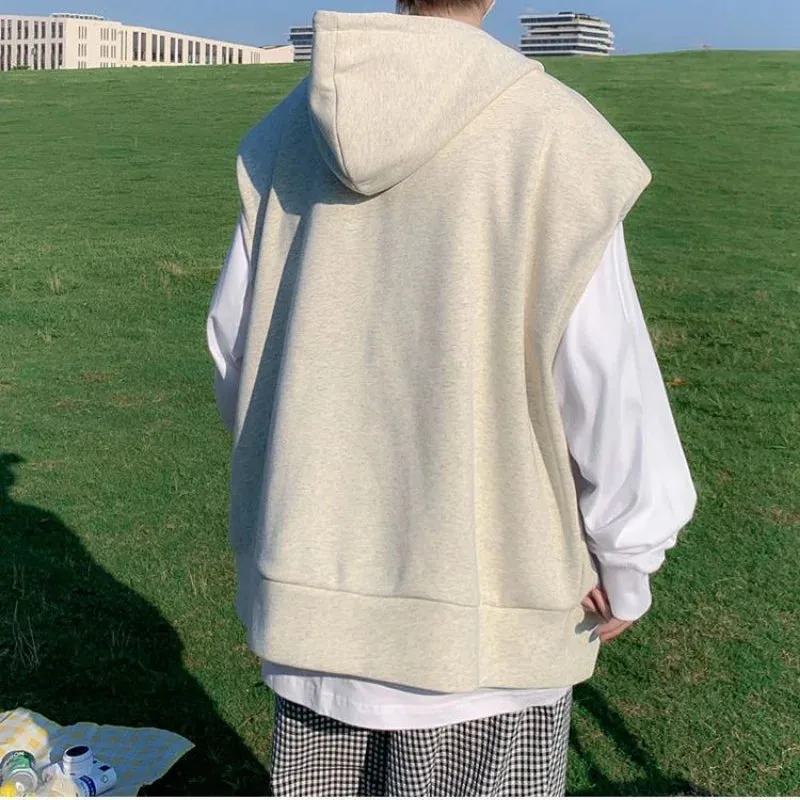 Wiaofellas Sleeveless Cardigan Hoodie Men Vest Sweatshirts Streetwear Casual Oversized Jackets Korean Fashion Hip Hop New Biker