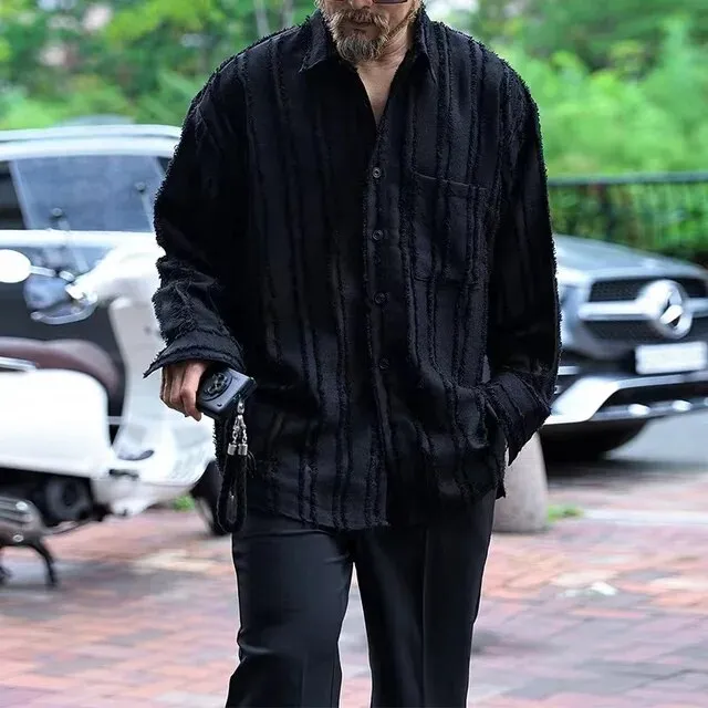Wiaofellas Spring Autumn New Men Shirts Solid Vintage Distress Loose Cardigan Tassels Lapel Shirt Male Tops Long Sleeve Blouse Streetwear