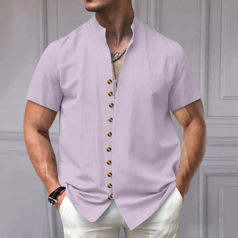 Wiaofellas  -  Summer Linen Beach Shirts Fashion New Short Sleeve Stand Collar Tees Cardigan Streetwear Men Clothing Solid Button T Shirt