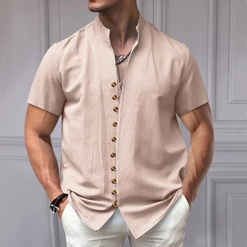 Wiaofellas  -  Summer Linen Beach Shirts Fashion New Short Sleeve Stand Collar Tees Cardigan Streetwear Men Clothing Solid Button T Shirt