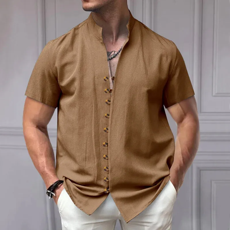 Wiaofellas  -  Summer Linen Beach Shirts Fashion New Short Sleeve Stand Collar Tees Cardigan Streetwear Men Clothing Solid Button T Shirt