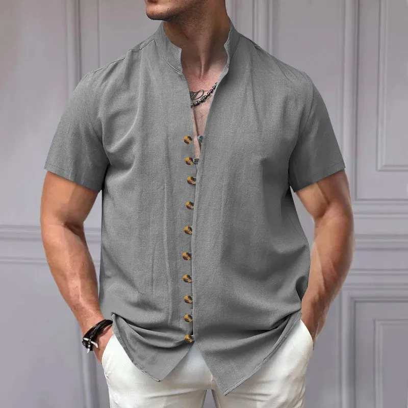 Wiaofellas  -  Summer Linen Beach Shirts Fashion New Short Sleeve Stand Collar Tees Cardigan Streetwear Men Clothing Solid Button T Shirt