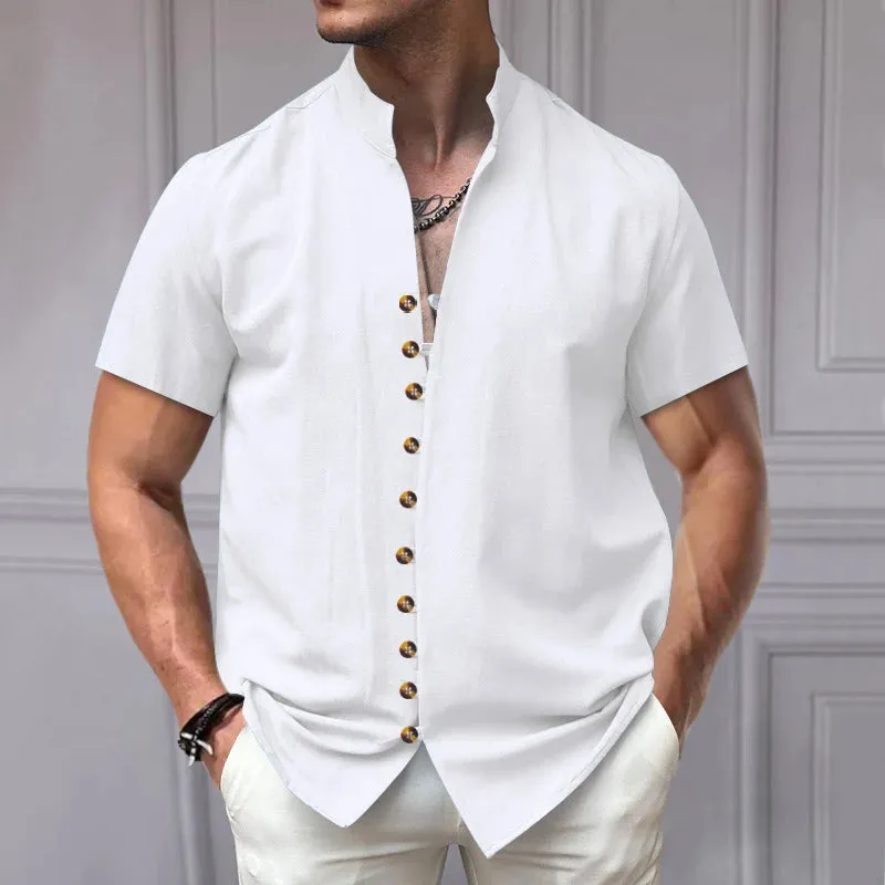 Wiaofellas  -  Summer Linen Beach Shirts Fashion New Short Sleeve Stand Collar Tees Cardigan Streetwear Men Clothing Solid Button T Shirt