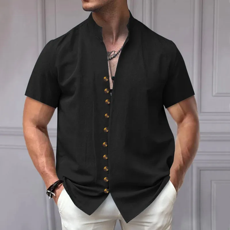 Wiaofellas  -  Summer Linen Beach Shirts Fashion New Short Sleeve Stand Collar Tees Cardigan Streetwear Men Clothing Solid Button T Shirt