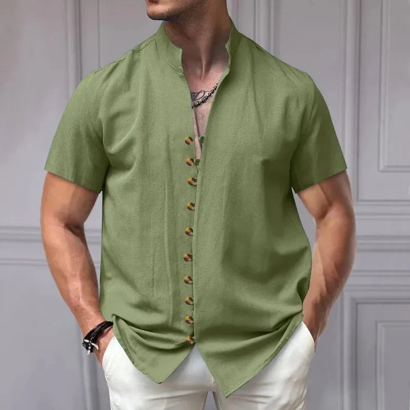 Wiaofellas  -  Summer Linen Beach Shirts Fashion New Short Sleeve Stand Collar Tees Cardigan Streetwear Men Clothing Solid Button T Shirt