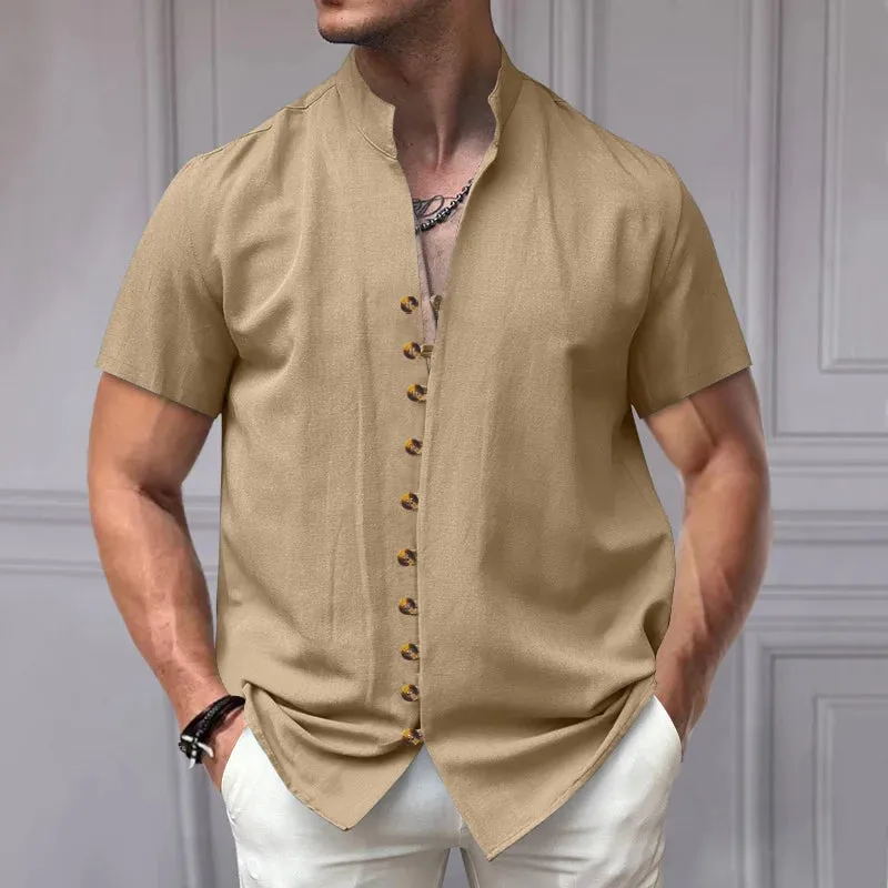 Wiaofellas  -  Summer Linen Beach Shirts Fashion New Short Sleeve Stand Collar Tees Cardigan Streetwear Men Clothing Solid Button T Shirt