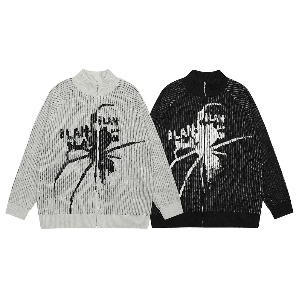 Wiaofellas Vintage Spider Print Knitted Sweaters Men's and Women's Stand Washed Streetwear Baggy Woolen Clothes Cardigan Autumn Jackets