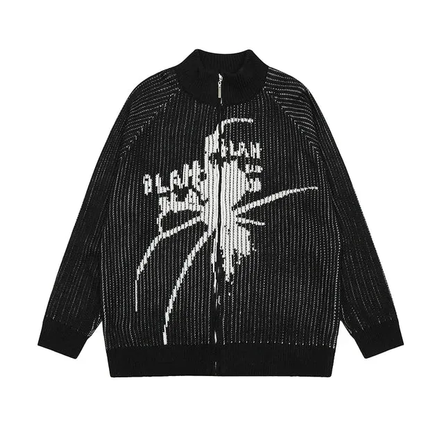 Wiaofellas Vintage Spider Print Knitted Sweaters Men's and Women's Stand Washed Streetwear Baggy Woolen Clothes Cardigan Autumn Jackets