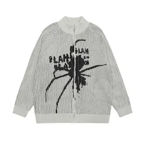 Wiaofellas Vintage Spider Print Knitted Sweaters Men's and Women's Stand Washed Streetwear Baggy Woolen Clothes Cardigan Autumn Jackets