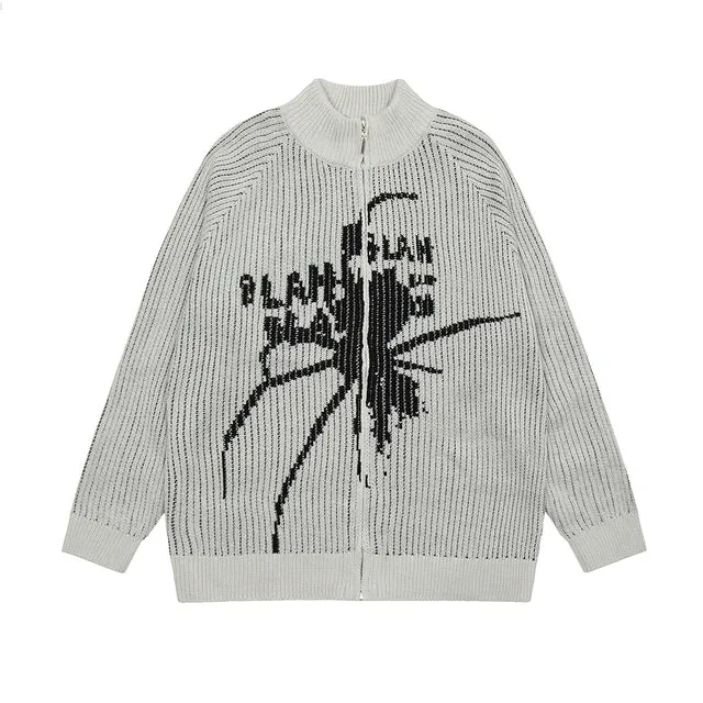 Wiaofellas Vintage Spider Print Knitted Sweaters Men's and Women's Stand Washed Streetwear Baggy Woolen Clothes Cardigan Autumn Jackets