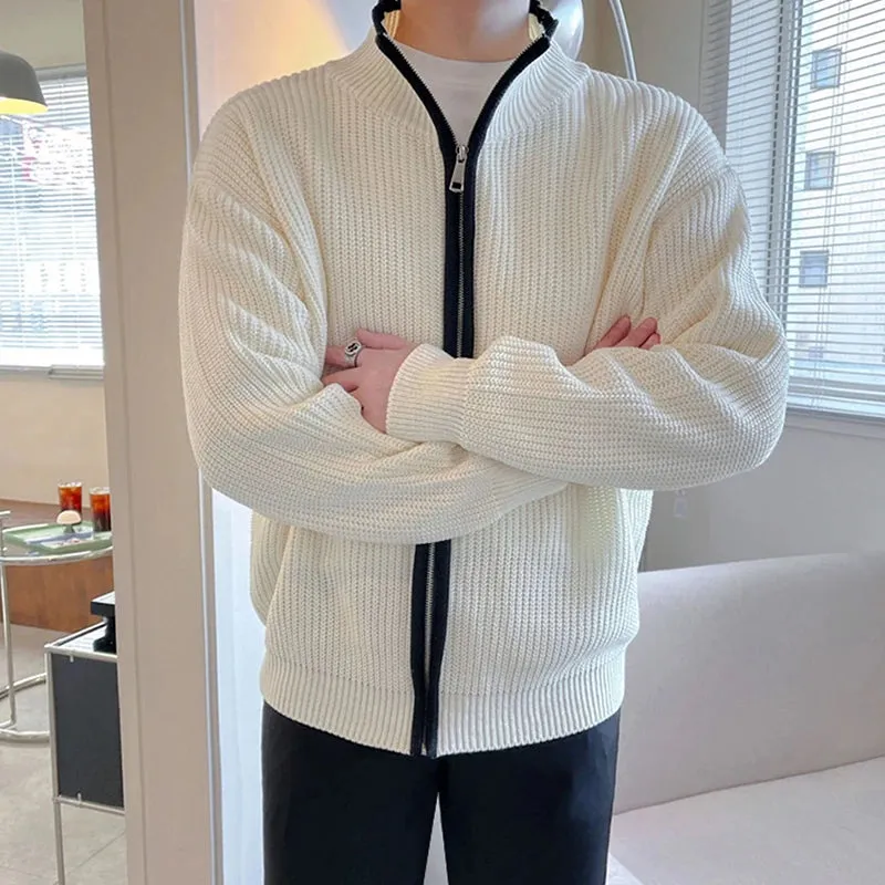 Wiaofellas  -  Winter Men's Luxury Knitted Zipper Cardigan Sweater Stand Collar Solid Color Long Sleeve Casual Streetwear Loose Coat