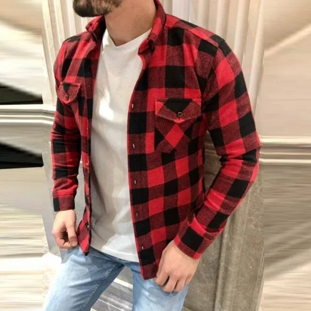 Wiaofellas Winter Vintage Plaid Shirts Men Clothing Loose Lapel Collar T-shirts Cardigan Streetwear Male Fall Long Sleeve Button Tops