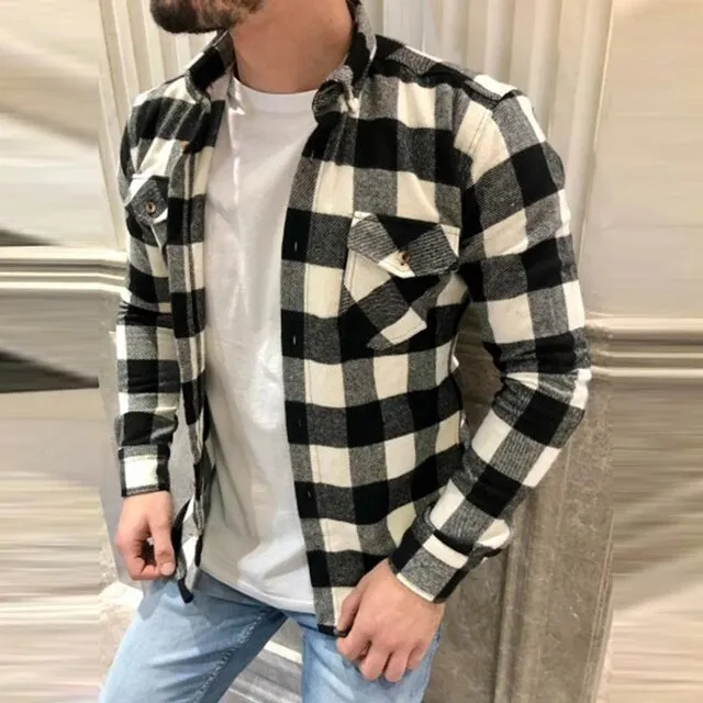 Wiaofellas Winter Vintage Plaid Shirts Men Clothing Loose Lapel Collar T-shirts Cardigan Streetwear Male Fall Long Sleeve Button Tops
