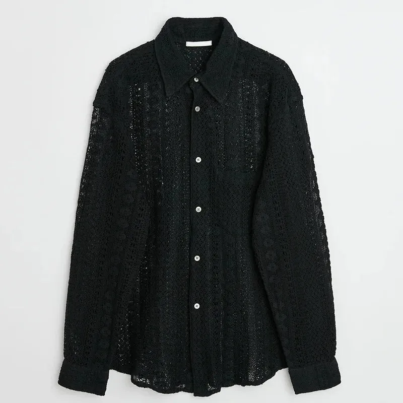 Wiaofellas  -  Y2K Fashion Loose Shirts Men Autumn Long Sleeve Button-down Lapel Cardigan Sexy Hollow Mesh Shirt Mens Casual Clothes Streetwear