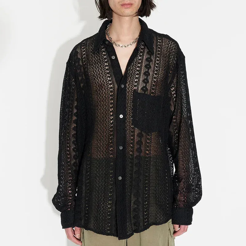 Wiaofellas  -  Y2K Fashion Loose Shirts Men Autumn Long Sleeve Button-down Lapel Cardigan Sexy Hollow Mesh Shirt Mens Casual Clothes Streetwear