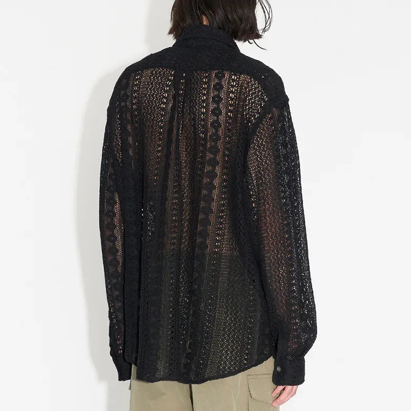 Wiaofellas  -  Y2K Fashion Loose Shirts Men Autumn Long Sleeve Button-down Lapel Cardigan Sexy Hollow Mesh Shirt Mens Casual Clothes Streetwear